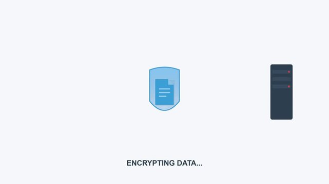 Illustration of a document being encrypted and then stored on a server, symbolizing data security and protection.