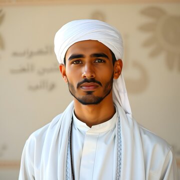 A man wearing a white turban and traditional Middle Eastern attire sta