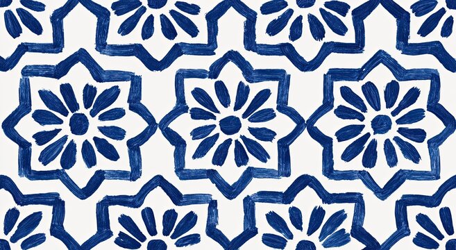Blue floral pattern with eight-pointed star motifs on white background