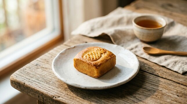 Golden-brown Taiwanese pineapple cake pastry on a white ceramic plate, soft afternoon sunlight casting gentle shadows on rustic wooden table, accompanied by a cup of tea and wooden spoon