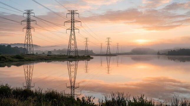 Row of tall steel lattice power transmission towers receding into soft morning mist above a still glassy lake reflecting pastel sunrise and distant trees, atmospheric infrastructure