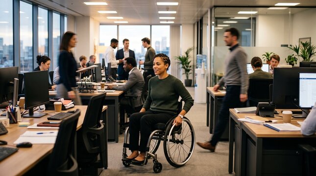 Diverse office environment with a woman in a wheelchair working alongside colleagues