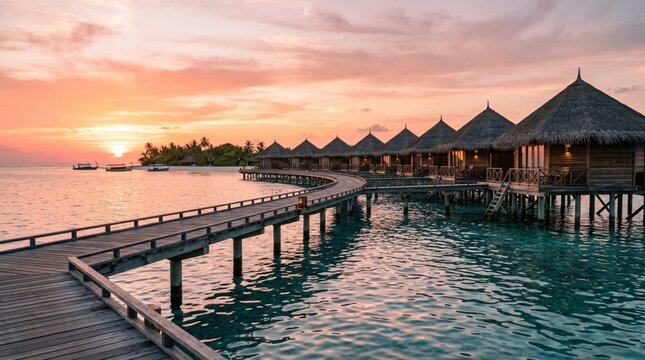 Overwater wooden bungalows with thatched roofs along a curved boardwalk at sunset over a glassy turquoise tropical lagoon, paradise resort vacation
