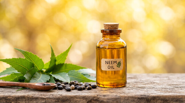 organic medicinal natural neem oil in bottle with neem fruit and leaves, gardening, agriculture, body care, hair care, skin care related concept,blurred background, copy space
