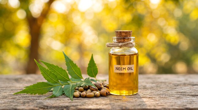 organic medicinal natural neem oil in bottle with neem fruit and leaves, gardening, agriculture, body care, hair care, skin care related concept,blurred background, copy space