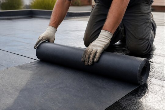 Roofer rolling waterproof membrane on flat roof surface