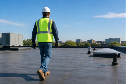 Construction worker walking on flat commercial building roof