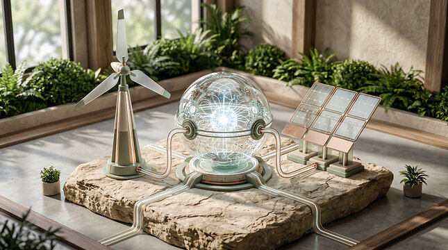 Small model of renewable energy system with wind turbine and solar panels in a green room