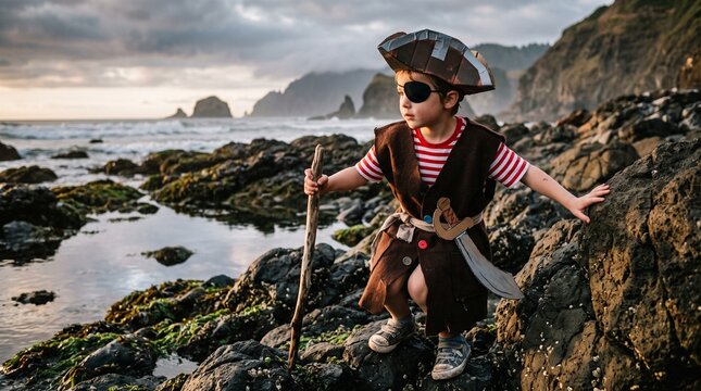 Young boy dressed as a pirate with eye patch and hat exploring rocky coastline at sunset
