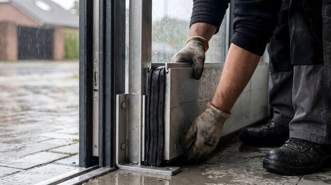 Worker installing removable aluminum flood barrier against rain