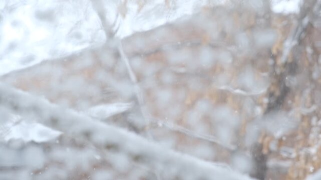 Frosty window, dreamy, coziness and tranquility. Atmosphere is calm and quiet, reflecting the peaceful stillness after a snowstorm. Frosty glass, fluffy snow, post-blizzard,  quiet winter,