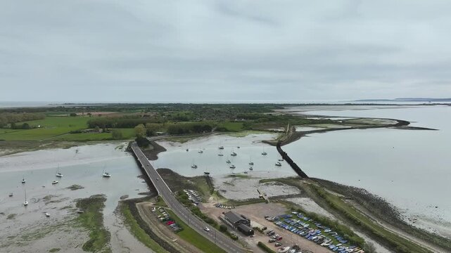 Bridge and Quay to the Hayling Island from a dron at low tide, Havant, Hampshire, England