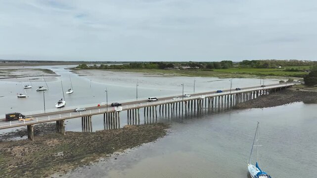 Bridge and Quay to the Hayling Island from a dron at low tide, Havant, Hampshire, England