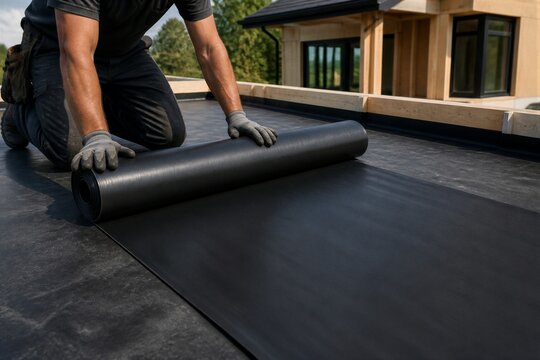 Worker rolling roofing membrane on flat residential roof