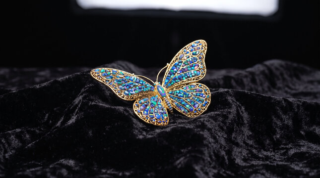 Macro close-up of a luxurious vintage gold butterfly brooch inlaid with sparkling blue opals resting on black velvet fabric