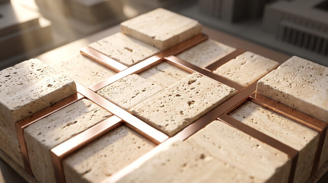 Architectural macro shot of beige travertine stone tiles framed and divided by polished copper metal strips