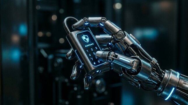 Close-up of metallic robotic hand gripping a sleek digital security padlock with glowing blue accents and keypad interface in dark futuristic setting