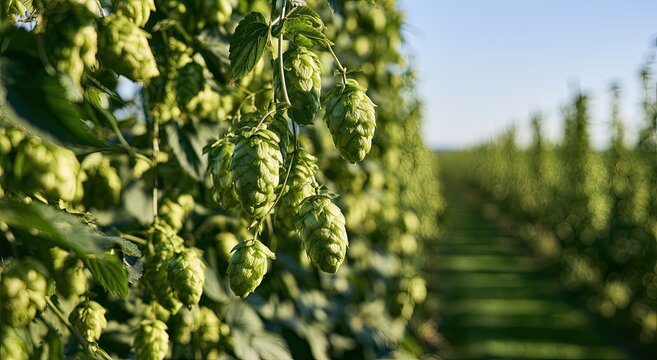 Lush green hop cones hang from vines in a sun-drenched field, row upon row