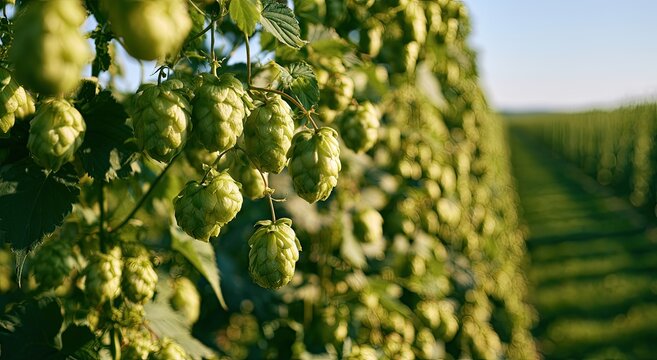 Rows of green hop cones reaching towards a bright, clear sky