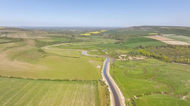 Cuckmere Valley from a drone, Hindover Hill, South Downs, East Sussex, England	