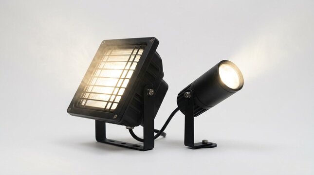 Black LED floodlight and narrow spotlight fixtures turned on, angled toward camera on white background for product display and architectural lighting showcase