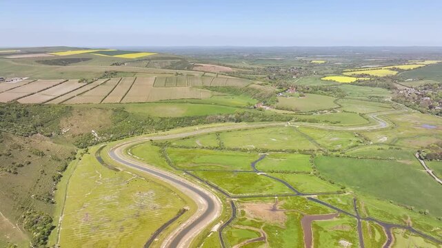 Cuckmere Valley from a drone, Hindover Hill, South Downs, East Sussex, England	