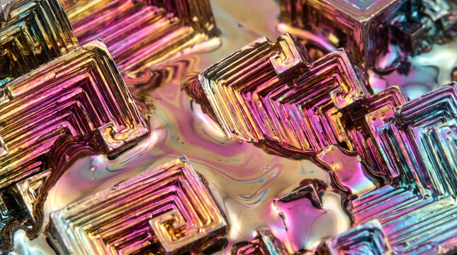 Extreme macro photography of a geometric iridescent bismuth crystal with vibrant pink, gold, and blue stair-step structures