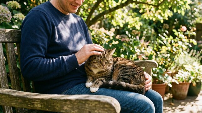 Relaxed tabby cat resting on man's lap in sunny garden with closed eyes while gently petted, peaceful outdoor moment with green foliage