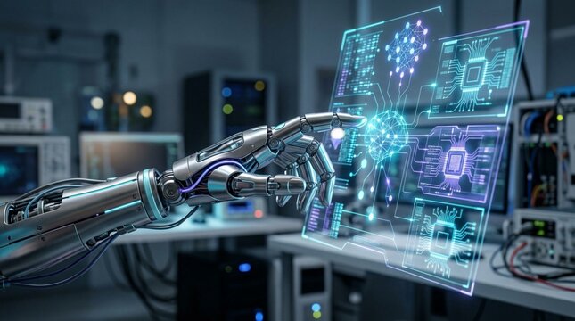 Sleek humanoid robot hand with polished metallic fingers interacting with glowing translucent holographic panels displaying futuristic circuit data in a high-tech server room laboratory environment