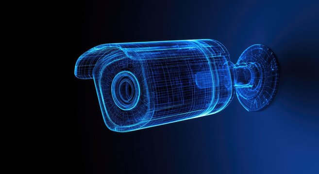 Futuristic blue wireframe surveillance camera against a dark, glowing background