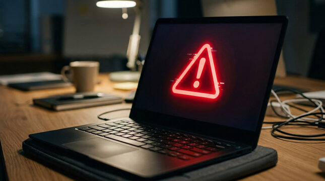 Close up open laptop office table desk bright glowing red danger alert cyber attack malware warning icon screen cybersecurity database hacking emergency network commercial concept safety