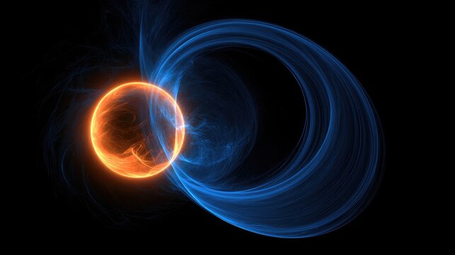 Luminous orange orb entwined by swirling blue ethereal energy on black
