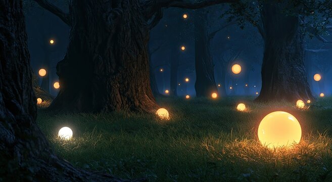 Enchanted forest at night, glowing orbs illuminate mystical, dark woods