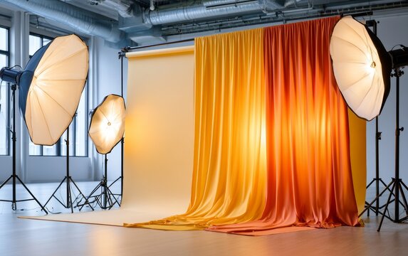 Professional photography studio setup with orange gradient fabric and lighting equipment