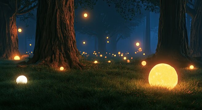 Mystical forest glade illuminated by glowing orbs and fireflies