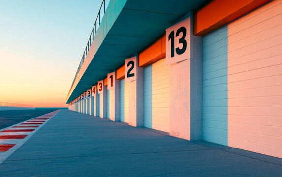 Modern racing pit lane garage doors with large numbered signs at sunset