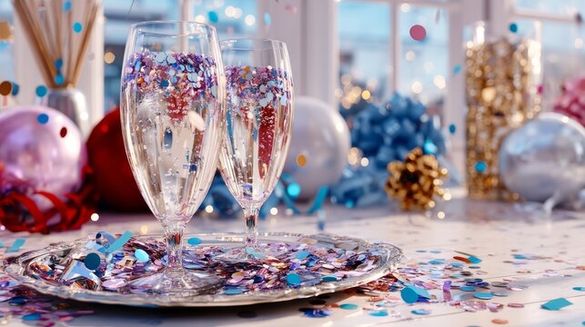 Festive table setting with champagne glasses and colorful confetti celebration