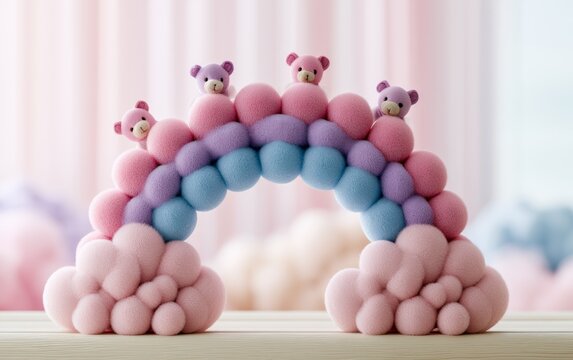 Cute pastel balloon arch with small teddy bear figures and soft cloud shapes