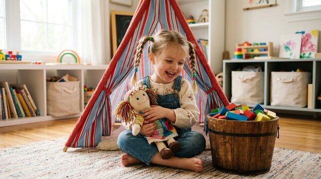 Playful young girl with pigtails holding a soft fabric doll, sitting beside a red striped teepee tent and wooden bucket of colorful toys in bright playroom