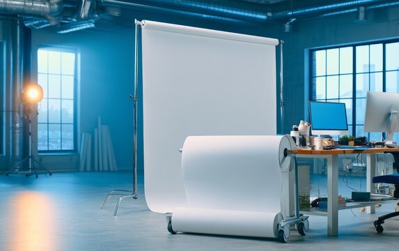 Modern professional photo studio setup with blank white backdrop and lighting