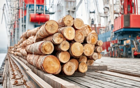 Large stack of freshly cut round wood logs on wooden dock near industrial cranes