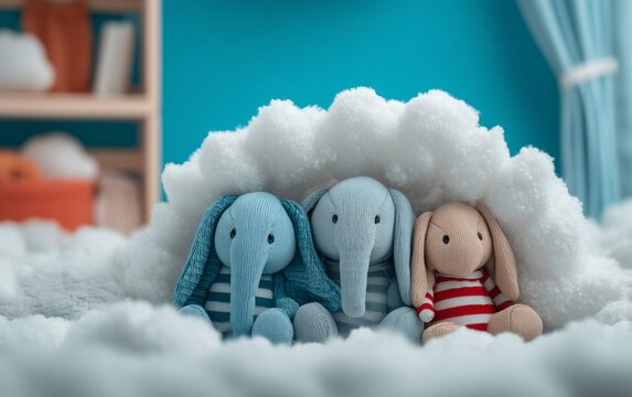 Three stuffed animal toys under fluffy blanket cloud in cozy child's bedroom