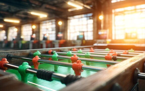 Close-up indoor foosball table with colorful plastic players in game setting