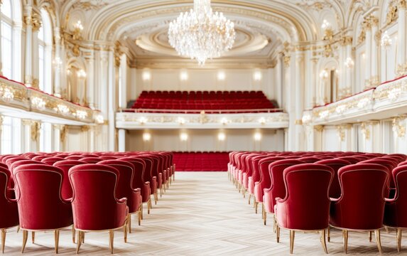 Elegant theater interior with red velvet chair and ornate white gold decor