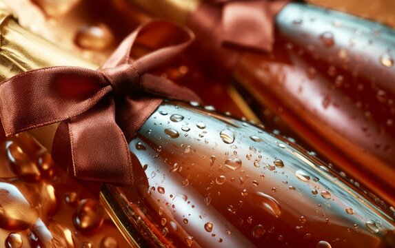 Close-up of luxury iced bottle with elegant ribbon bow for celebration event
