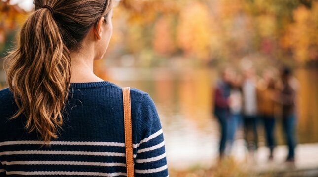 Rear view of a young woman watching a group of friends in an autumn park, suggesting loneliness and exclusion