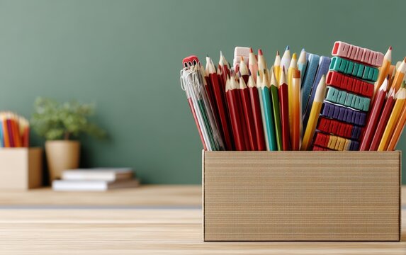 Organized set of colorful pencil eraser sharpener and pen holder on wooden desk