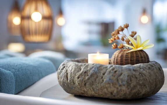 Relaxing spa scene with stone bowl candle and dried flower decoration
