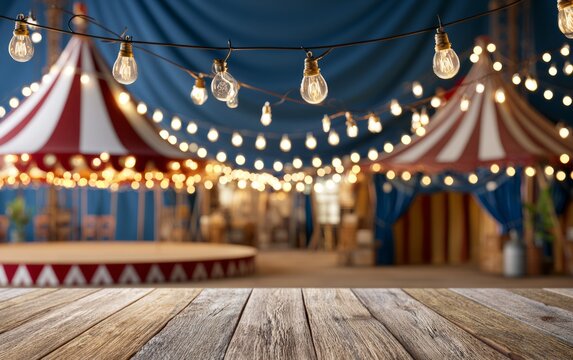 Rustic wooden table with hanging light bulbs in front of blurred festive circus tents