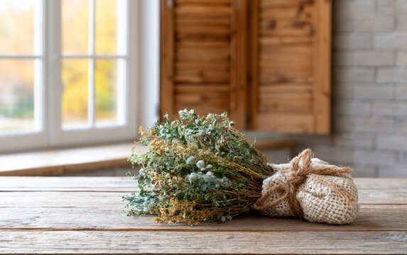 Rustic dried herb bunch tied with twine on wooden table near window light